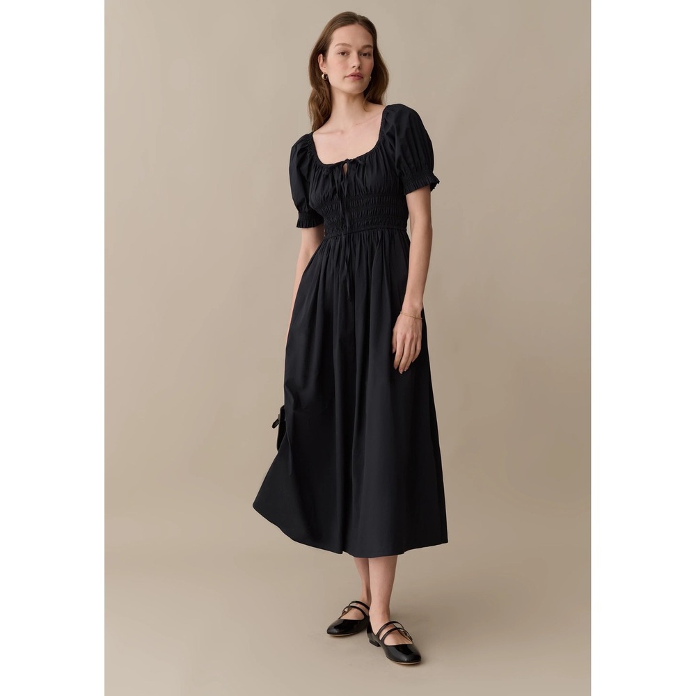 Few Moda Sorella Fenella Black Smocked Waist Puff Sleeve Midi Dress Size XS